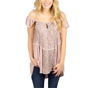 Anthropologie POL Lace Embroidered Go with the Flow Pink Top Size Large